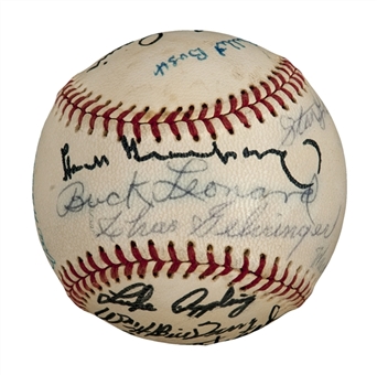Circa 1969 HOF Induction Signed A.L.Baseball (18 Signatures Incl. Paige, Stengel, Greenberg, Grove)(PSA/DNA)